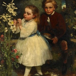 Two children and a white flower